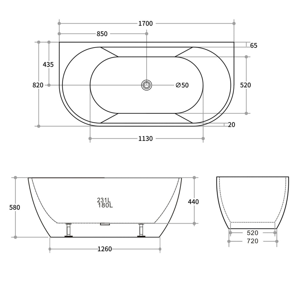POSEIDON ARIA BACK TO WALL BATHTUB GLOSS WHITE (AVAILABLE IN 1500MM AND 1700MM)