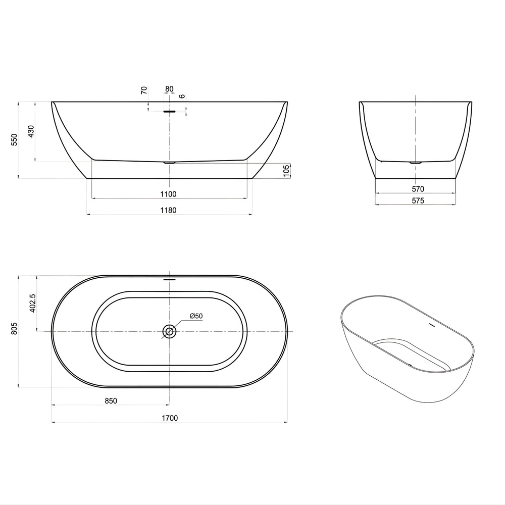 ATTICA MANOLO FREESTANDING BATHTUB WITH OVERFLOW MATTE WHITE (AVAILABLE IN 1500MM AND 1700MM)