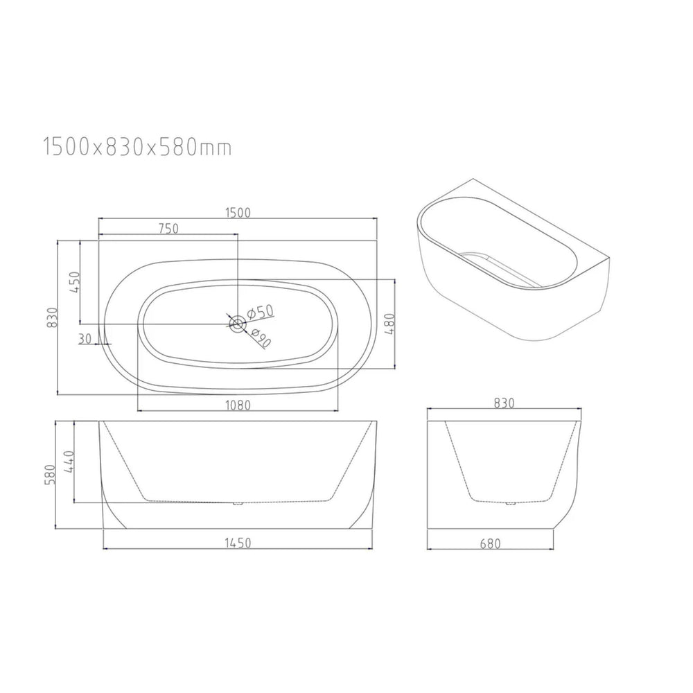 MERCIO ANNA BACK TO WALL BATHTUB GLOSS WHITE (AVAILABLE IN 1500MM AND 1700MM)