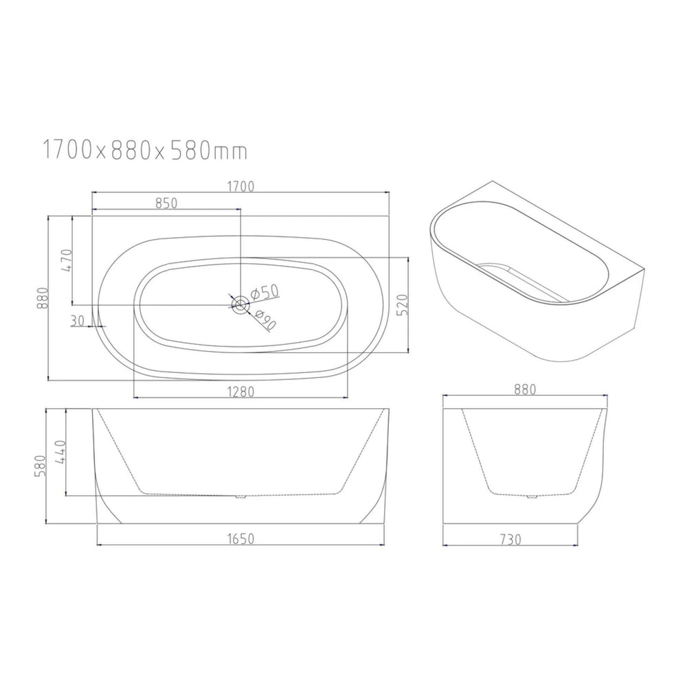 MERCIO ANNA BACK TO WALL BATHTUB GLOSS WHITE (AVAILABLE IN 1500MM AND 1700MM)
