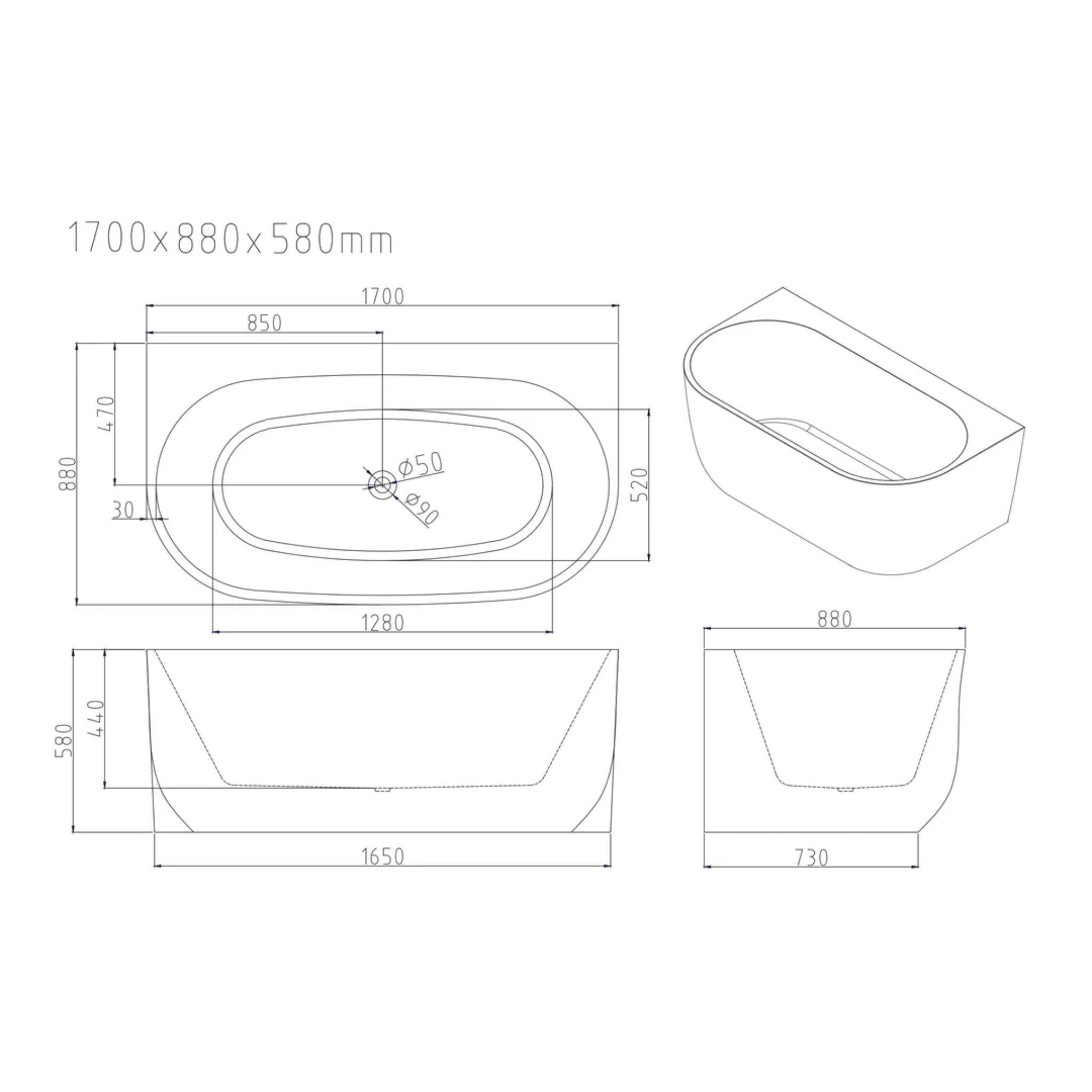 MERCIO ANNA BACK TO WALL BATHTUB GLOSS WHITE (AVAILABLE IN 1500MM AND 1700MM)