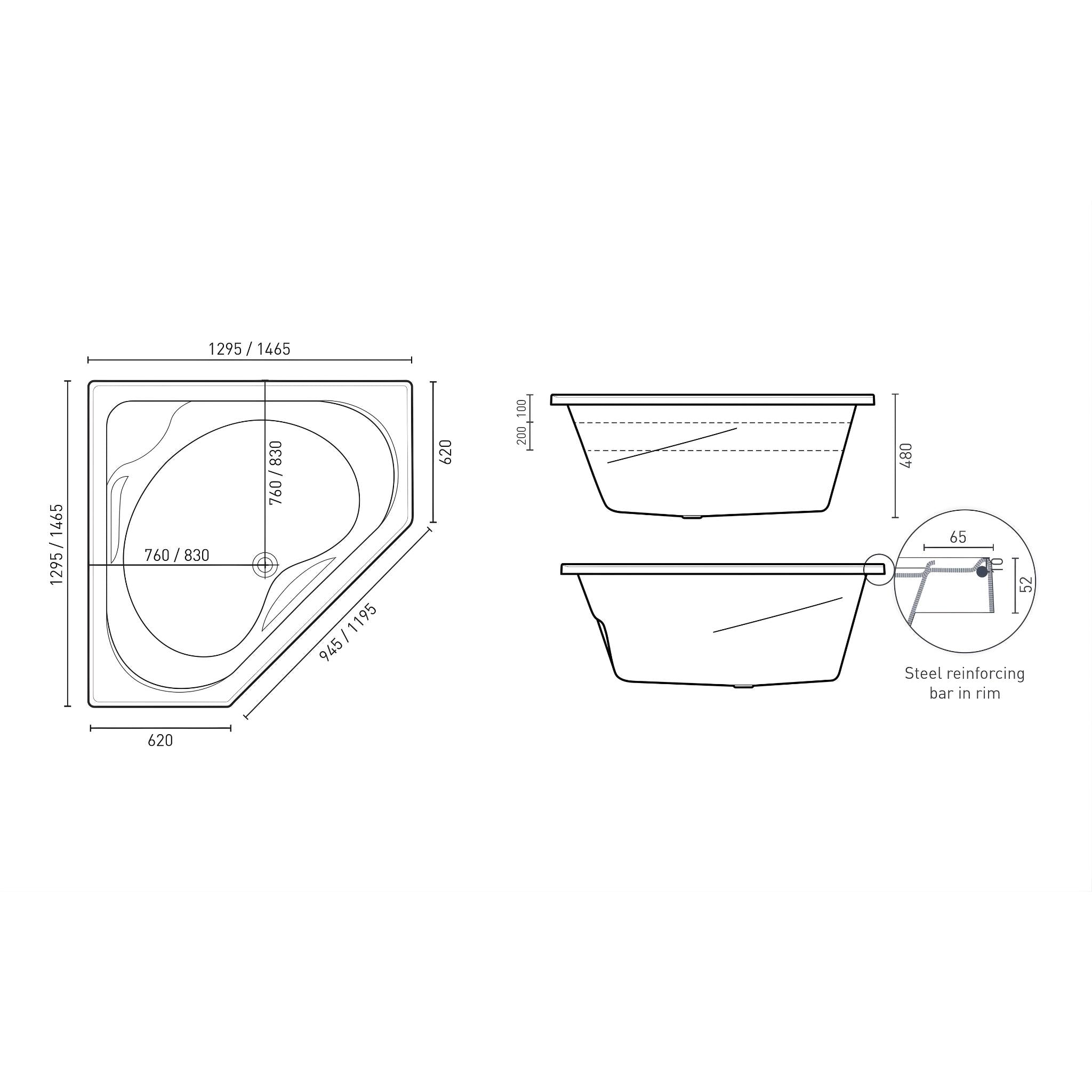 DECINA ANGELIQUE CORNER DOLCE VITA SPA BATH GLOSS WHITE (AVAILABLE IN 1295MM AND 1465MM) WITH 18-JETS