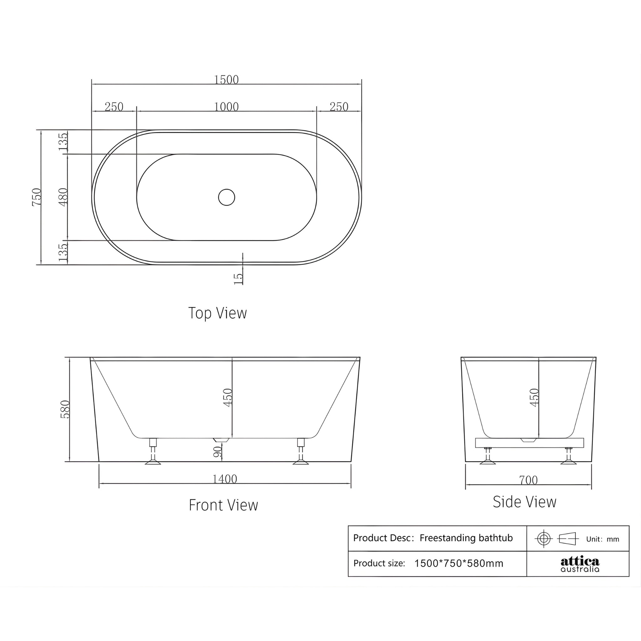 ATTICA NOOSA FREESTANDING BATHTUB WITH INTEGRATED OVERFLOW GLOSS WHITE 1500MM