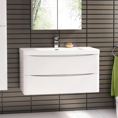 BELBAGNO ANCONA GLOSS WHITE 900MM SINGLE BOWL WALL HUNG VANITY AND BASIN