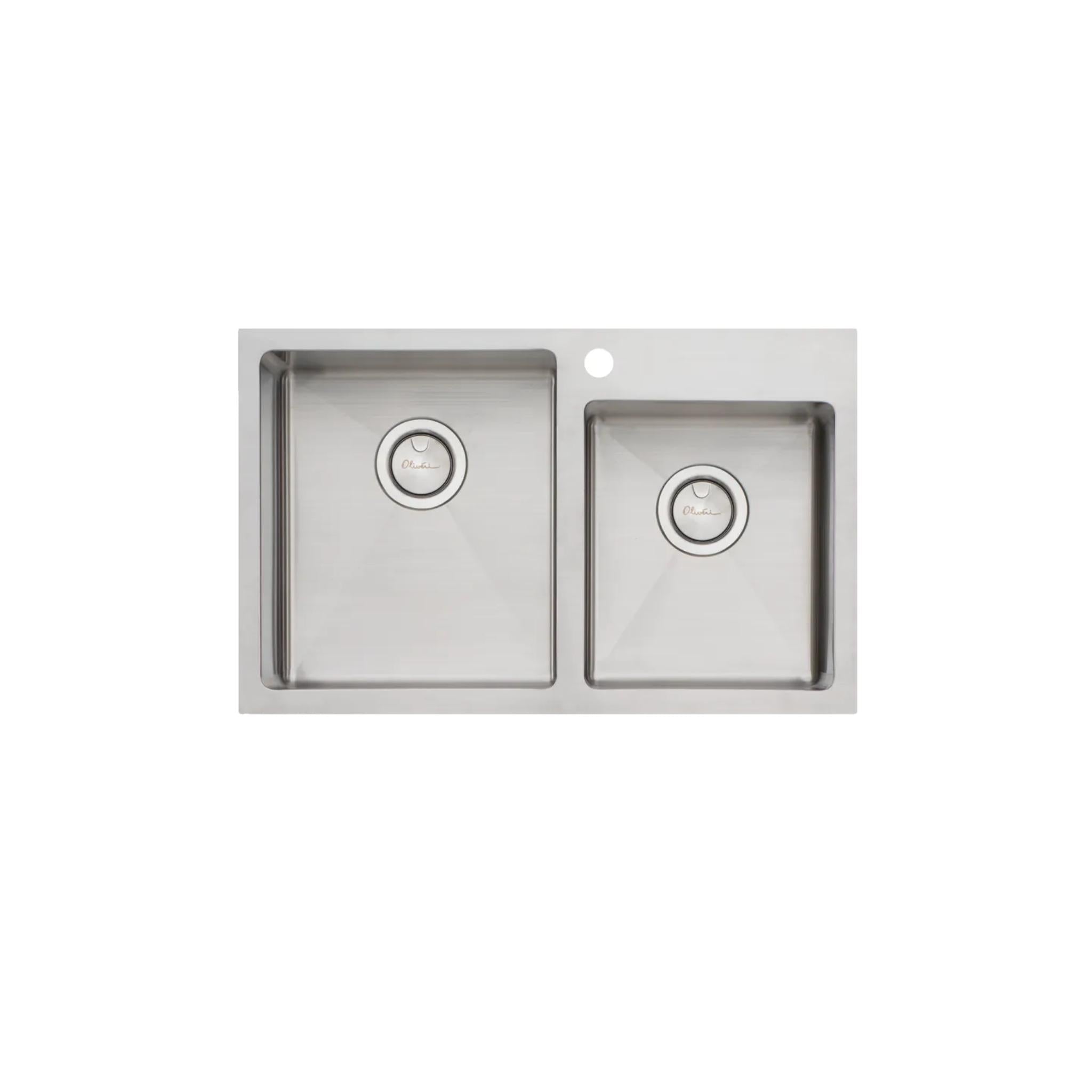 OLIVERI APOLLO 1 & 3/4 OFFSET BOWL KITCHEN SINK WITH TAPHOLE STAINLESS STEEL 750MM