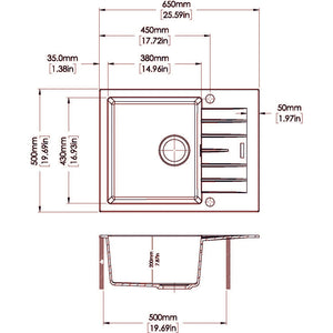 CARYSIL  CITY SINGLE BOWL GRANITE KITCHEN SINK WITH DRAIN BOARD WHITE 650MM