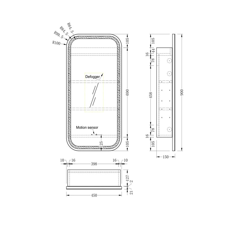 AQUAPERLA CARYSIL EARLS WALNUT SQUIRCLE LED SHAVING CABINET 450X900MM