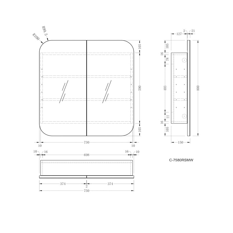 AQUAPERLA CARYSIL GRAND MATTE WHITE SHAVING CABINET 750X800MM