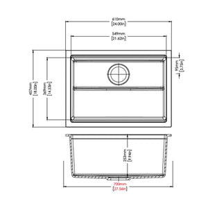 CARYSIL HARMONY BIG BOWL SINGLE GRANITE KITCHEN SINK WITH BOTTOM GRID AND COLANDER WHITE 610MM