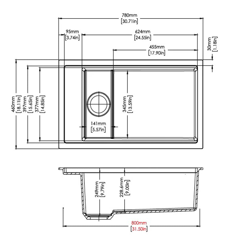AQUAPERLA CARYSIL HARMONY SINGLE BOWL GRANITE KITCHEN SINK WITH BOTTOM GRID AND COLANDER WHITE 780MM