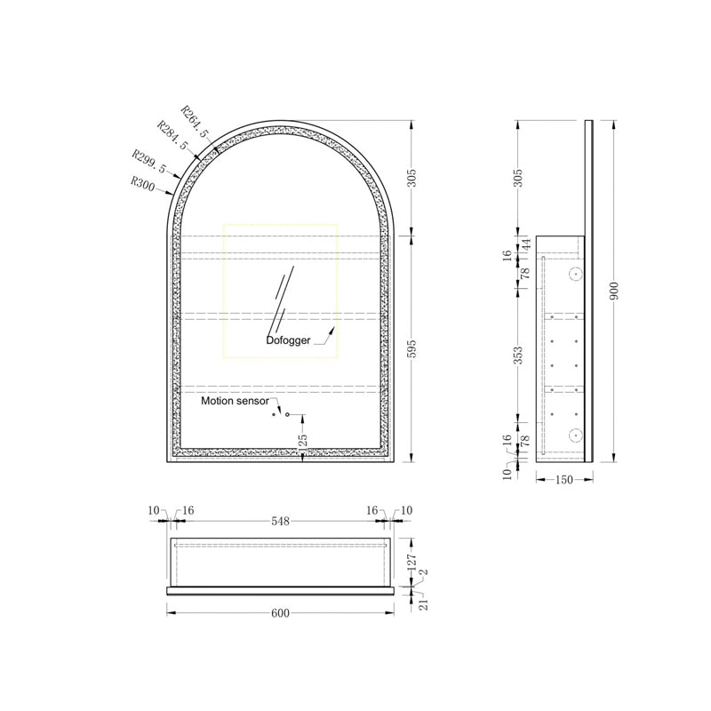 AQUAPERLA CARYSIL IMPERIAL WALNUT ARCH LED SHAVING CABINET 600X900MM