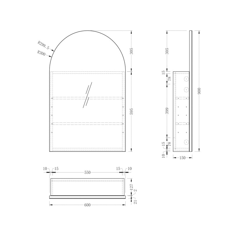 AQUAPERLA CARYSIL IMPERIAL MATTE WHITE ARCH SHAVING CABINET 600X900MM