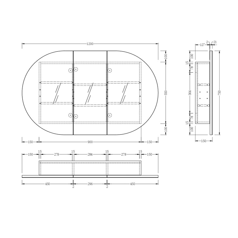 AQUAPERLA CARYSIL MYSTIC WALNUT OVAL SHAVING CABINET 1200X750MM