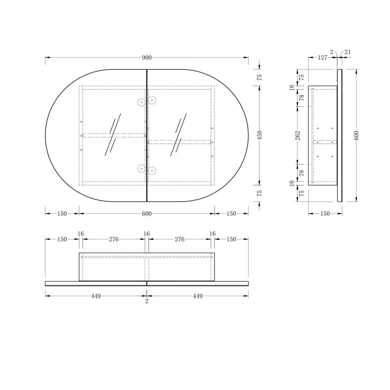 AQUAPERLA CARYSIL MYSTIC  WALNUT OVAL SHAVING CABINET 900X600MM