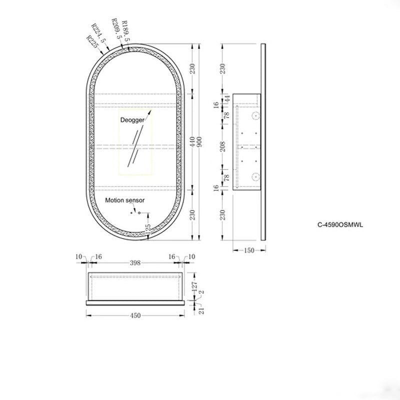 AQUAPERLA CARYSIL NOBLE MATTE WHITE OVAL LED SHAVING CABINET 450X900MM