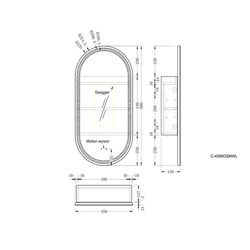 AQUAPERLA CARYSIL NOBLE WALNUT OVAL LED SHAVING CABINET 450X900MM