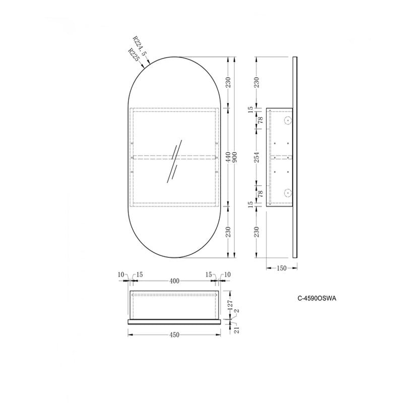 AQUAPERLA CARYSIL NOBLE WALNUT OVAL SHAVING CABINET 450X900MM