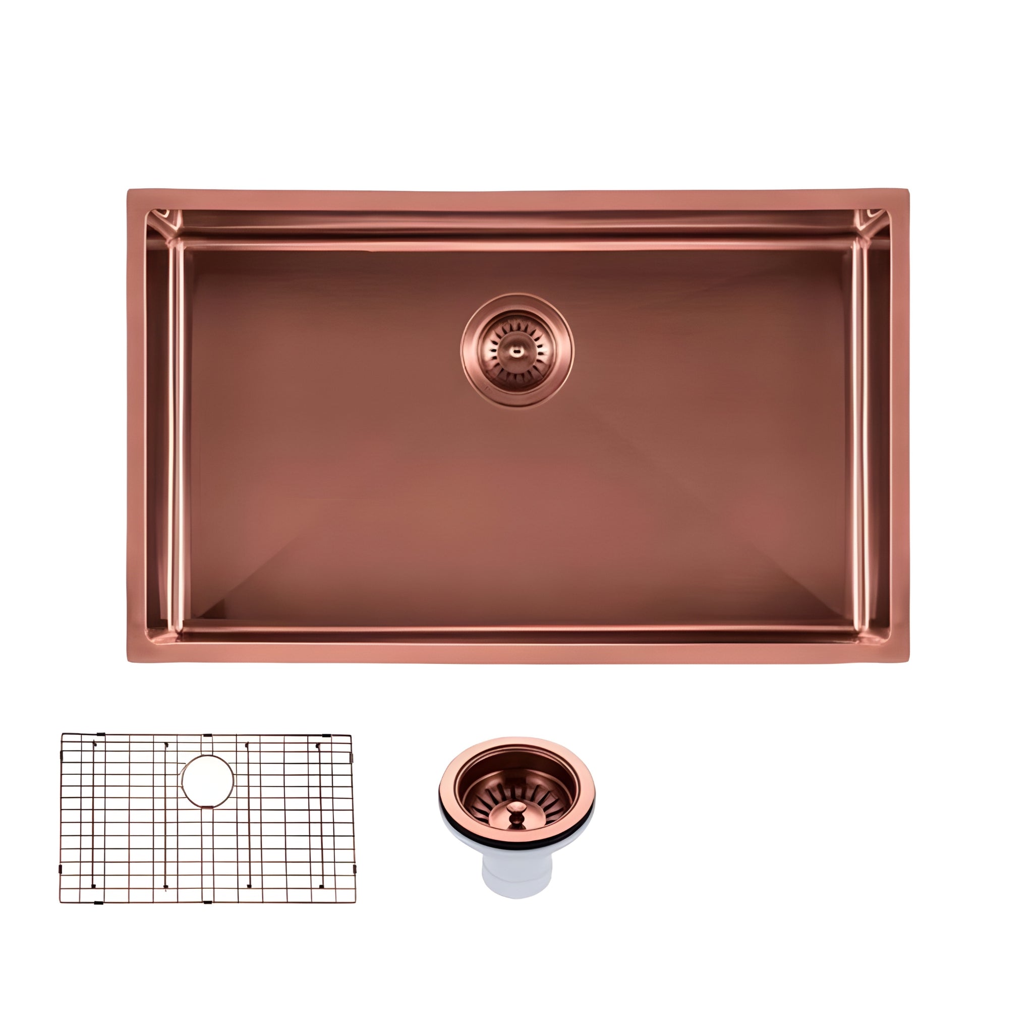 AQUAPERLA PVD COATING SINGLE BOWL STAINLESS STEEL KITCHEN SINK WITH BOTTOM GRID COPPER 762MM