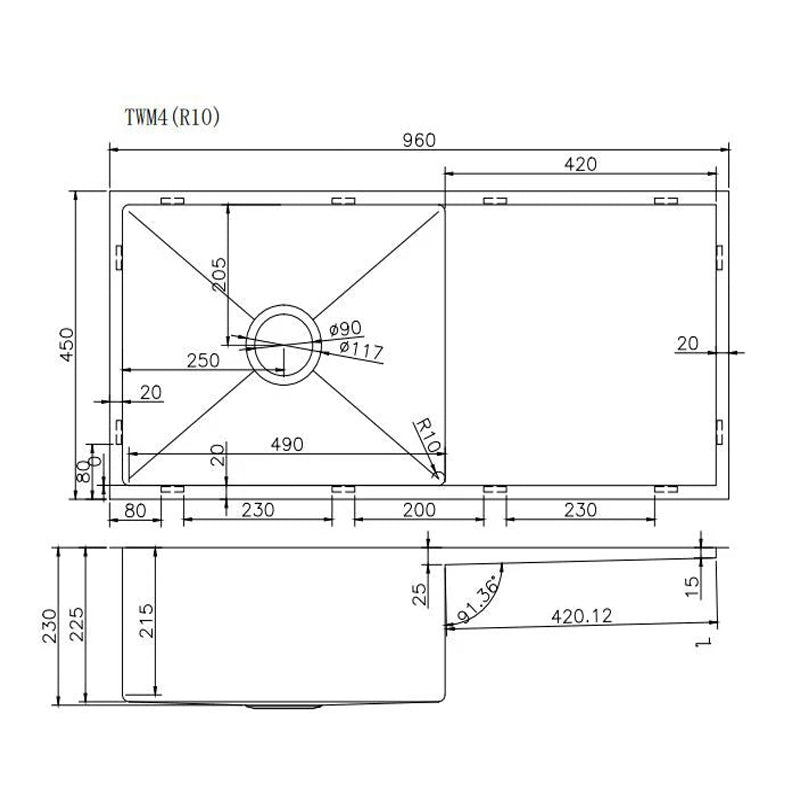 AQUAPERLA PVD COATING STAINLESS STEAL SINGLE BOWL KITCHEN SINK WITH DRAIN BOARD COPPER 960MM