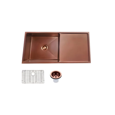 AQUAPERLA PVD COATING STAINLESS STEAL SINGLE BOWL KITCHEN SINK WITH DRAIN BOARD COPPER 960MM
