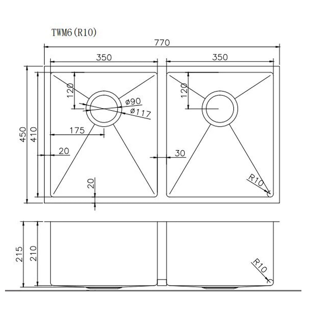 AQUAPERLA PVD STAINLESS STEEL DOUBLE BOWL KITCHEN SINK COPPER 770MM