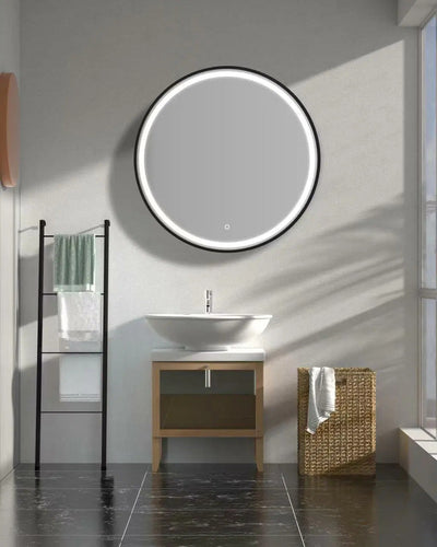 AQUAPERLA ROUND FRAMED LED MIRROR 3 COLOUR LIGHTS BLACK 900MM