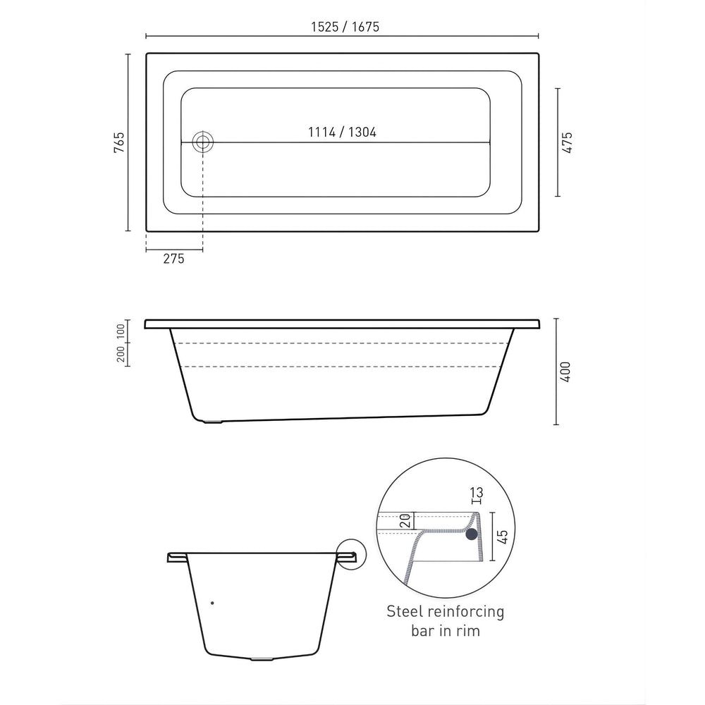DECINA ARIA INSET BATH GLOSS WHITE (AVAILABLE IN 1525MM AND 1675MM)