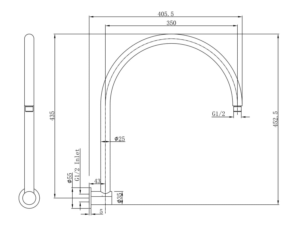 LINSOL ARCHIE UPSWEPT SHOWER ARM 435MM BRUSHED NICKEL