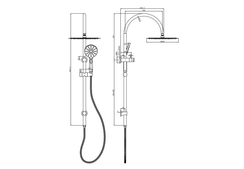 LINSOL ARCHIE SHOWER COMBINATION WITH MULTIFUNCTION HANDPIECE AND 300MM ROUND HEAD TECHNICAL DRAWING