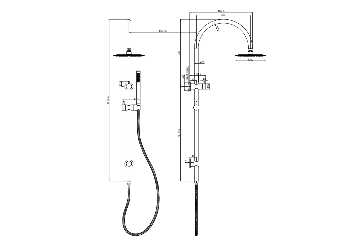 LINSOL ARCHIE SHOWER COMBINATION 200MM ROUND HEAD TECHNICAL DRAWING
