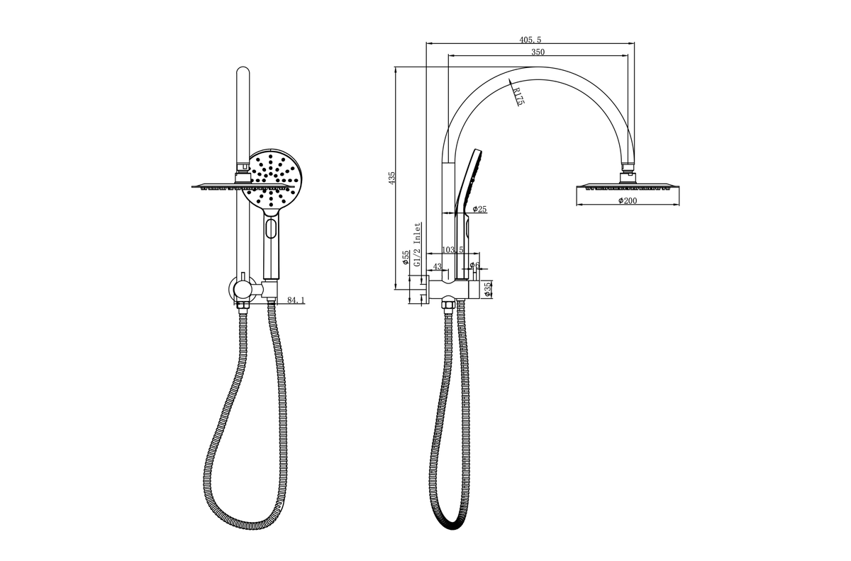 Linsol Archie Short Shower Combination Multifunction 200mm dimensions
