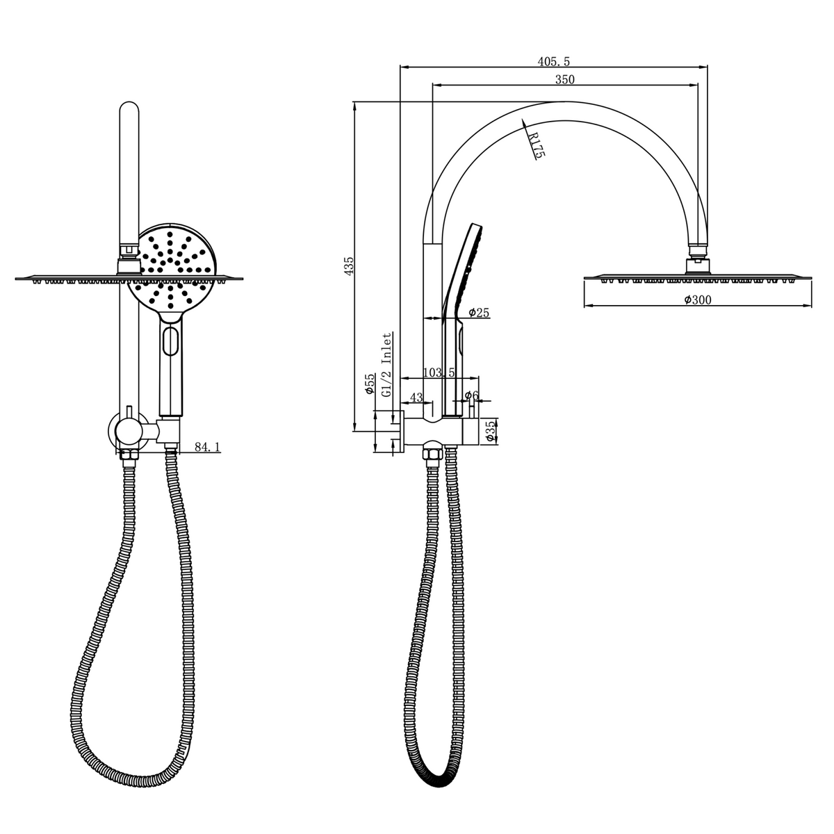 Linsol Archie Short Shower Combination Multifunction 300mm dimensions