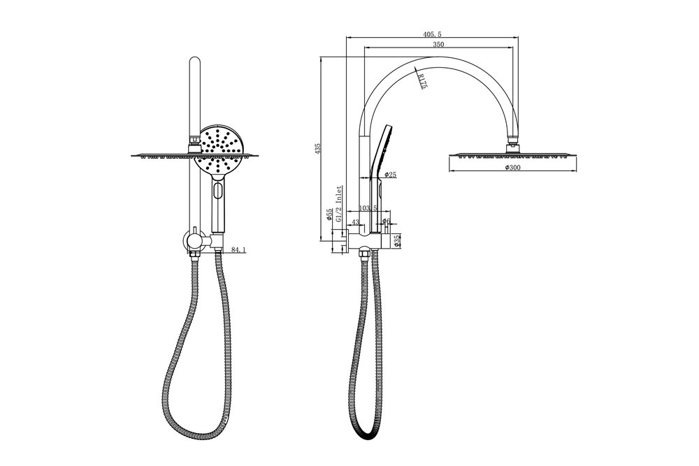 Linsol Archie Short Shower Combination Multifunction 300mm dimensions