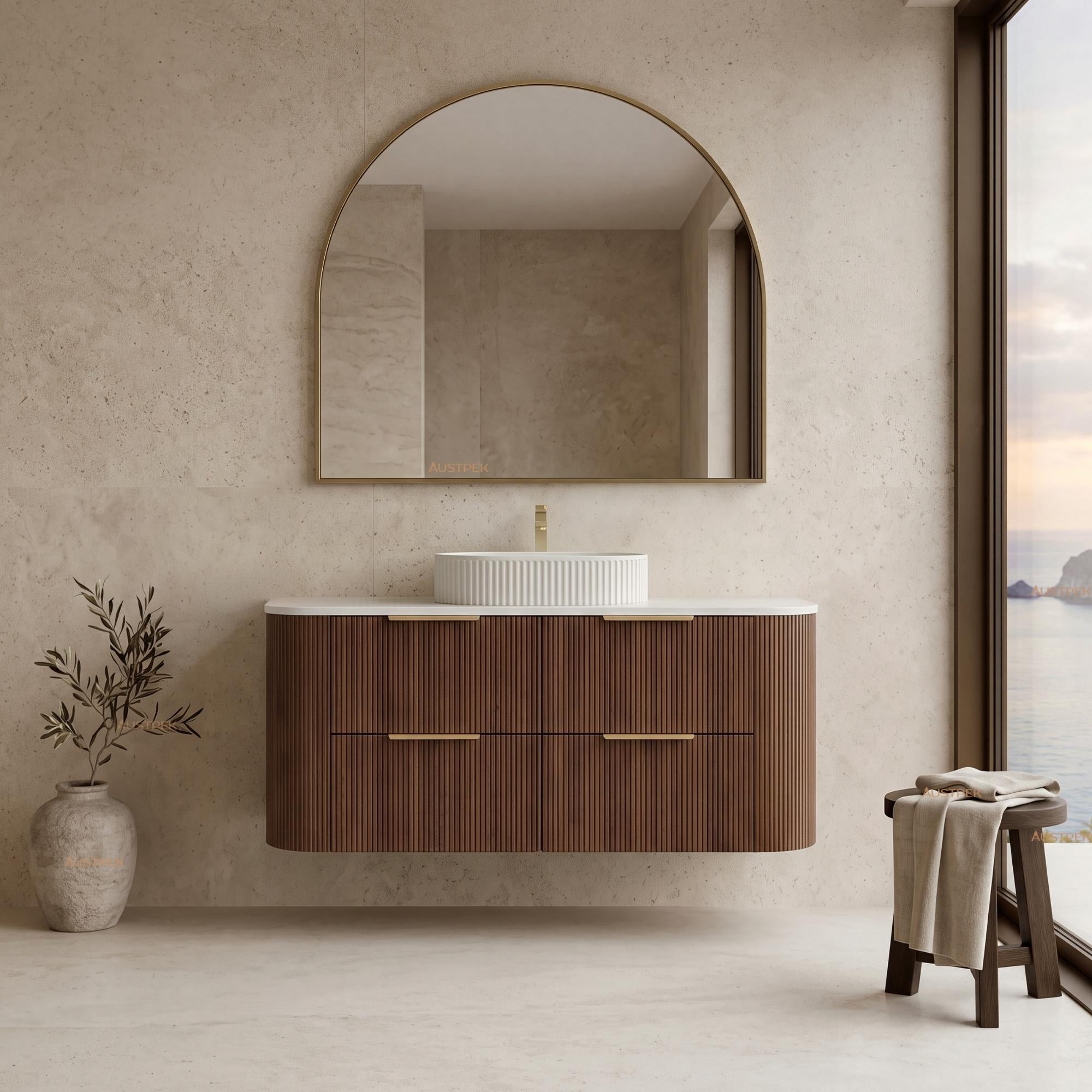VITO ARDEN-D WALNUT 1200MM FLUTED CURVED SINGLE BOWL WALL HUNG VANITY