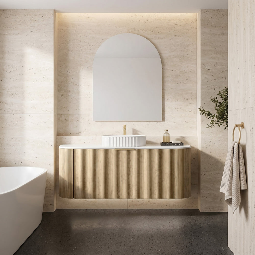 VITO ARDEN-S CLASSIC OAK 1200MM FLUTED CURVED SINGLE BOWL WALL HUNG VANITY