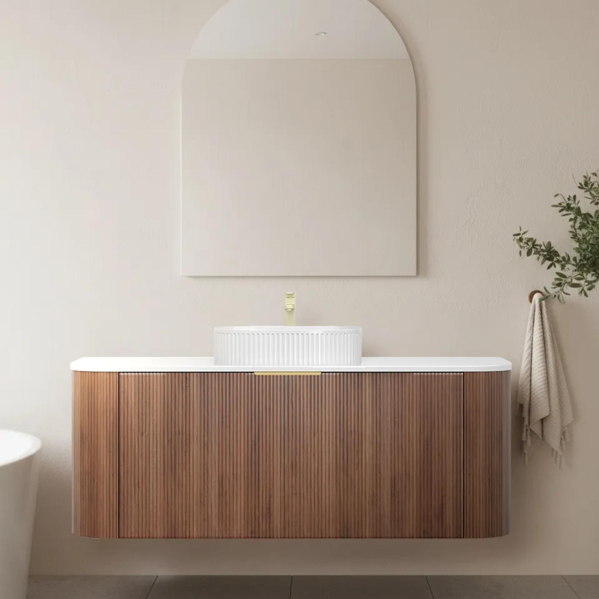 VITO ARDEN-S PRIME OAK 1200MM FLUTED CURVED SINGLE BOWL WALL HUNG VANITY