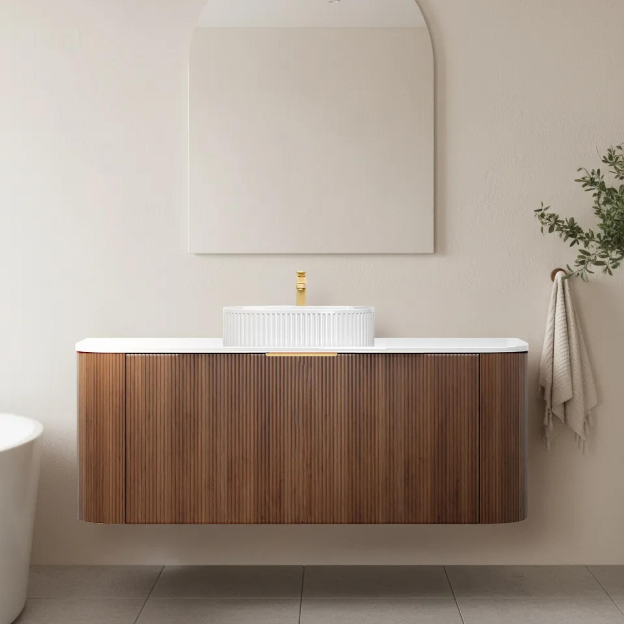VITO ARDEN-S WALNUT 1200MM FLUTED CURVED SINGLE BOWL WALL HUNG VANITY