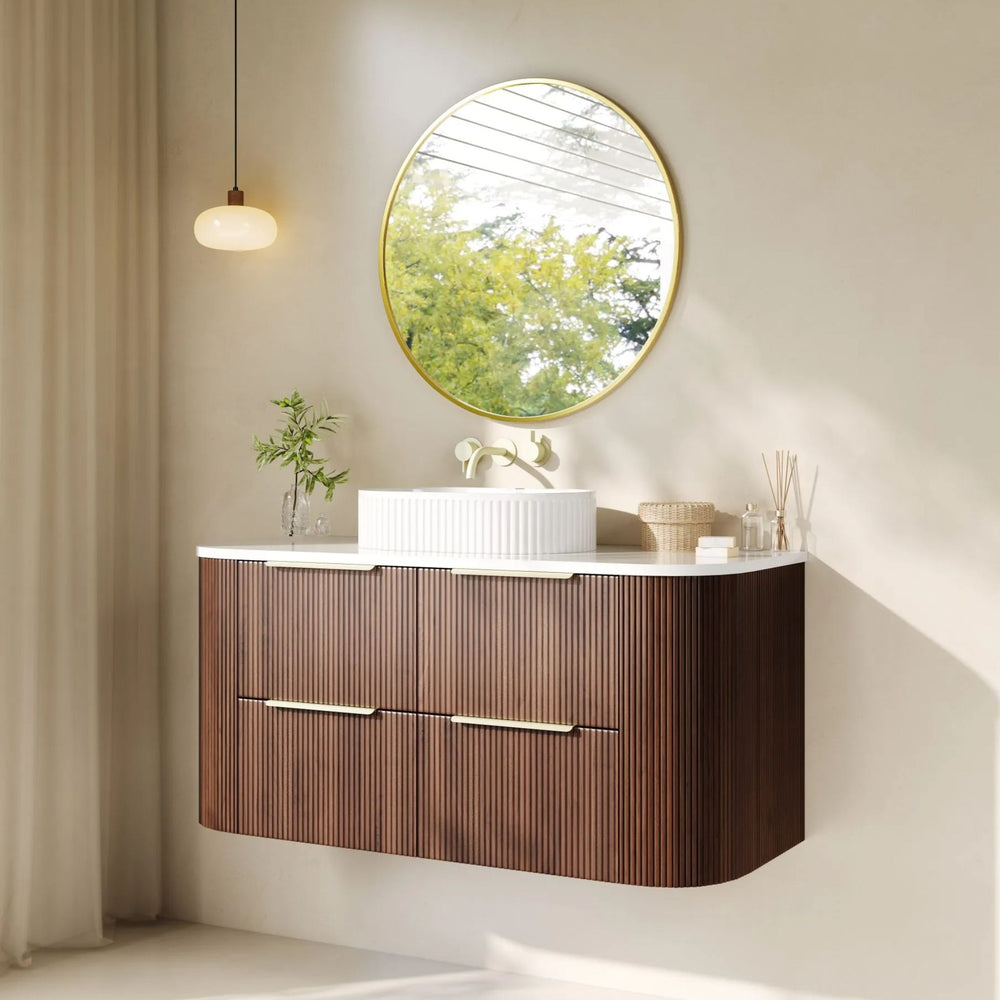VITO ARDEN-D WALNUT 1200MM FLUTED CURVED SINGLE BOWL WALL HUNG VANITY