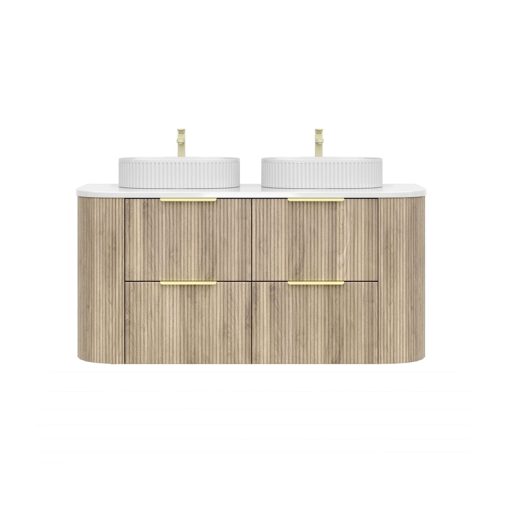 VITO ARDEN-D CLASSIC OAK 1200MM FLUTED CURVED DOUBLE BOWL WALL HUNG VANITY