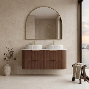 VITO ARDEN-D WALNUT 1200MM FLUTED CURVED DOUBLE BOWL WALL HUNG VANITY