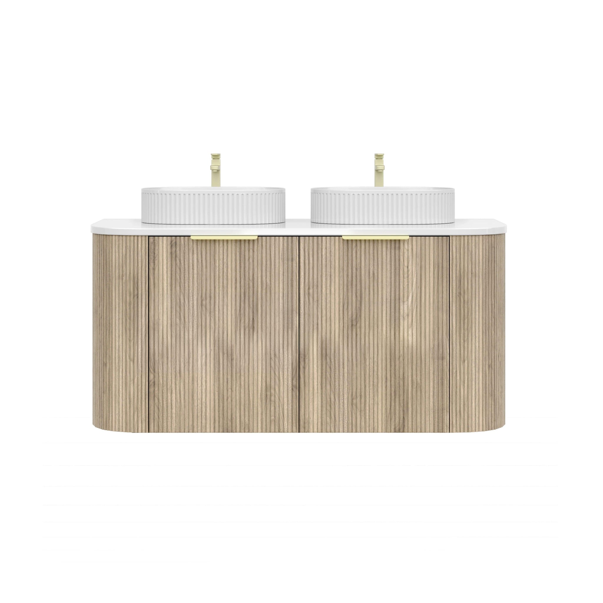 VITO ARDEN-S CLASSIC OAK 1200MM FLUTED CURVED DOUBLE BOWL WALL HUNG VANITY