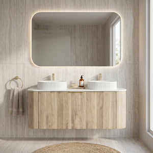 VITO ARDEN-S CLASSIC OAK 1200MM FLUTED CURVED DOUBLE BOWL WALL HUNG VANITY