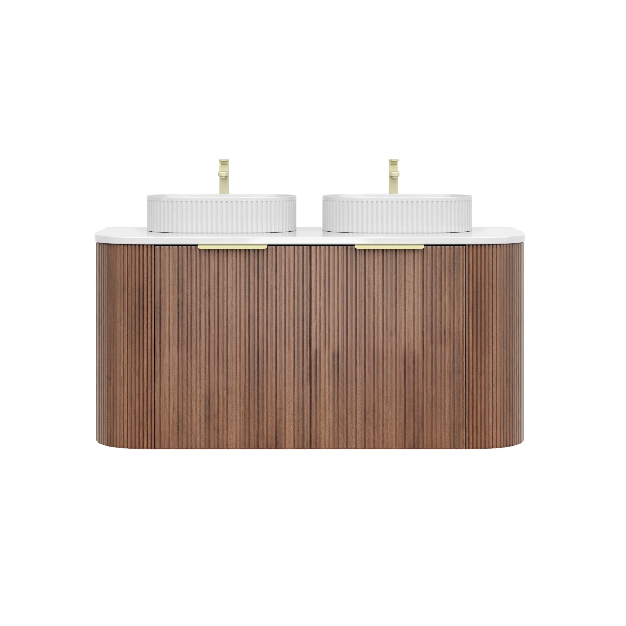 VITO ARDEN-S PRIME OAK 1200MM FLUTED CURVED DOUBLE BOWL WALL HUNG VANITY