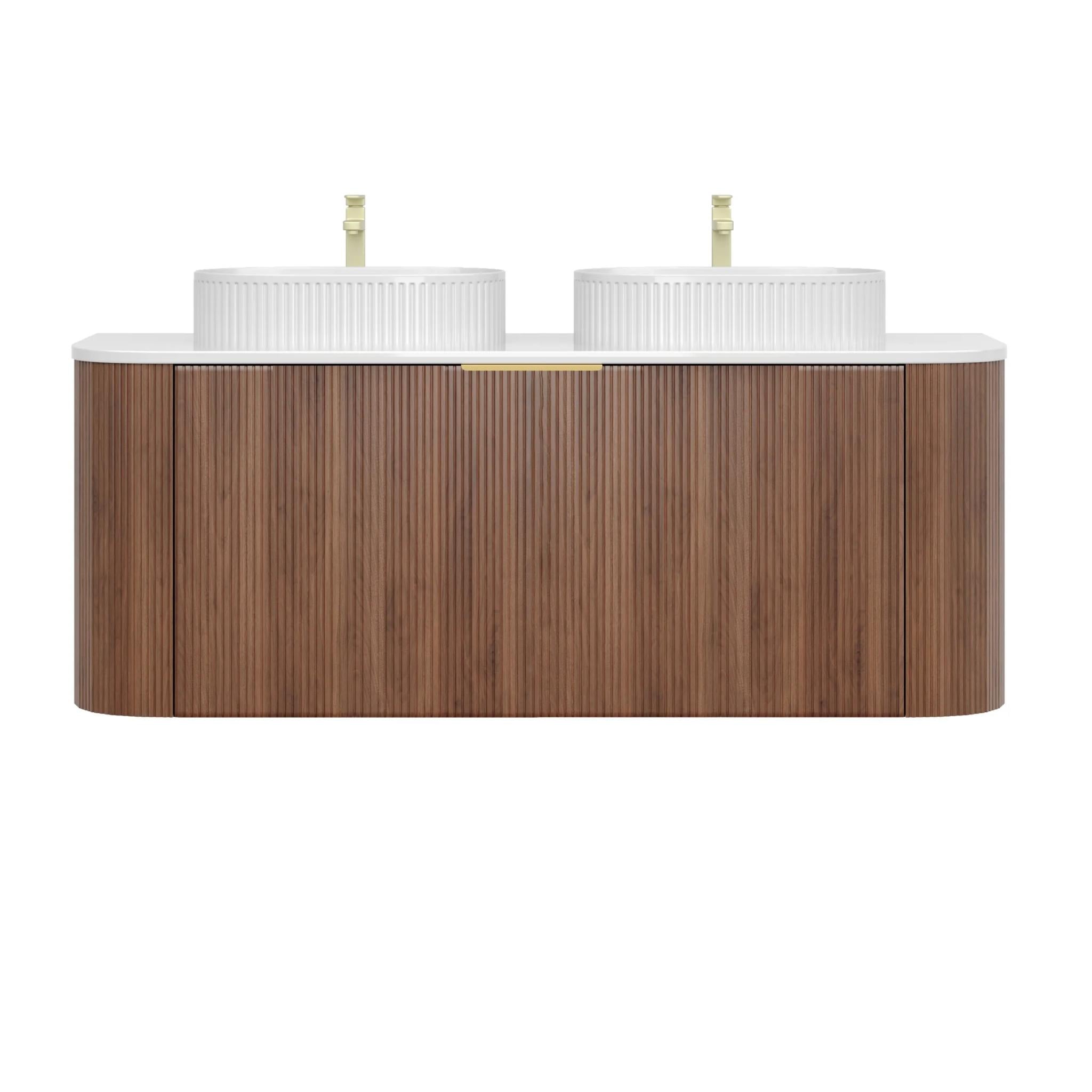 VITO ARDEN-S WALNUT 1200MM FLUTED CURVED DOUBLE BOWL WALL HUNG VANITY