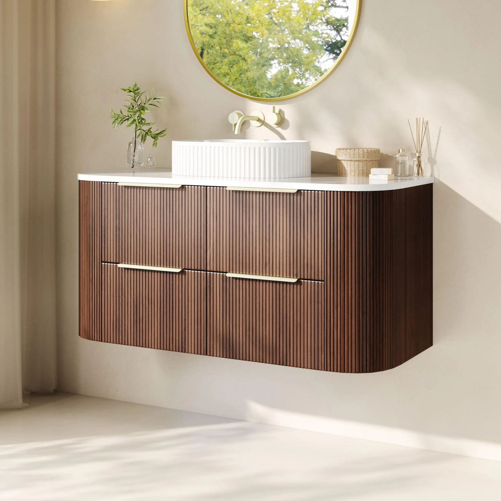 VITO ARDEN-D WALNUT 1500MM FLUTED CURVED SINGLE BOWL WALL HUNG VANITY