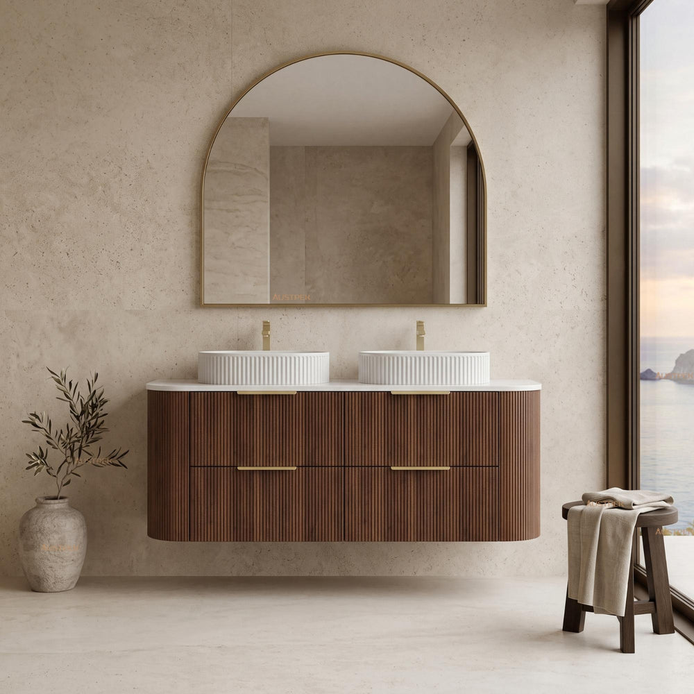 VITO ARDEN-D WALNUT 1500MM FLUTED CURVED DOUBLE BOWL WALL HUNG VANITY