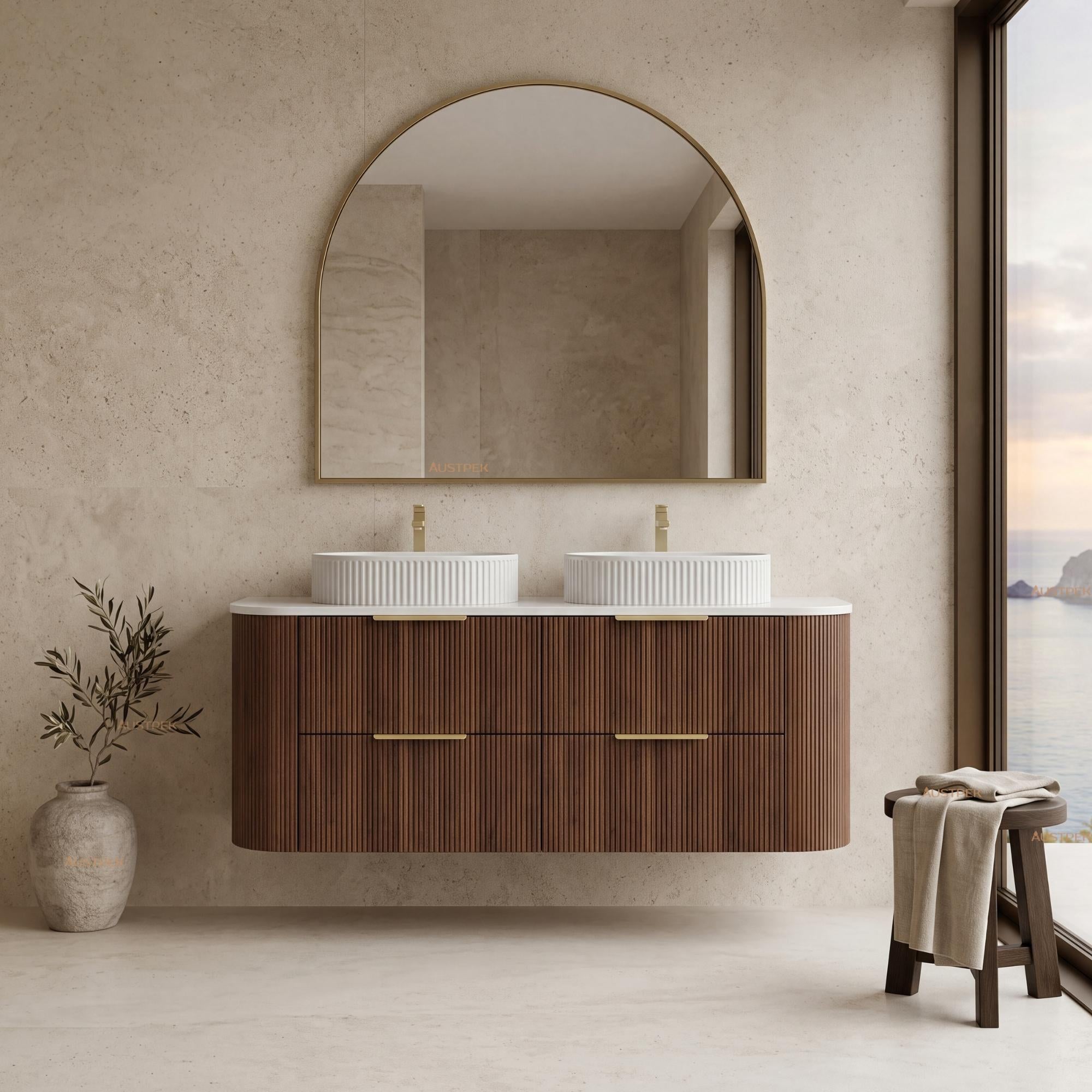 VITO ARDEN-D WALNUT 1500MM FLUTED CURVED DOUBLE BOWL WALL HUNG VANITY