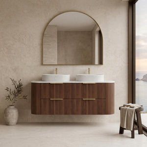 VITO ARDEN-D WALNUT 1500MM FLUTED CURVED DOUBLE BOWL WALL HUNG VANITY