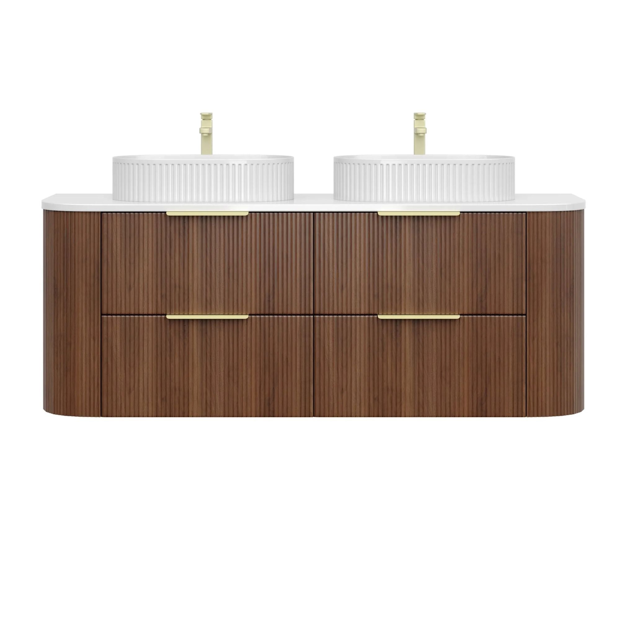 VITO ARDEN-D WALNUT 1500MM FLUTED CURVED DOUBLE BOWL WALL HUNG VANITY