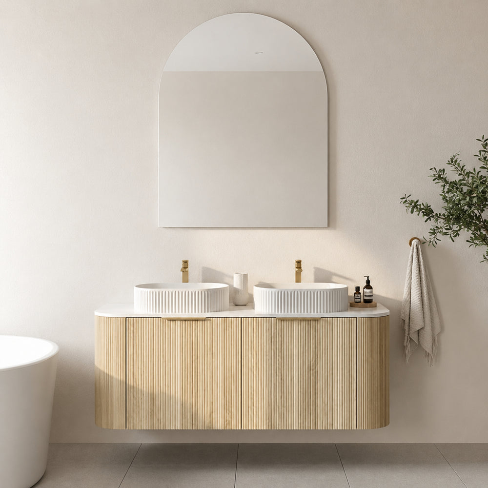 VITO ARDEN-S CLASSIC OAK 1500MM FLUTED CURVED DOUBLE BOWL WALL HUNG VANITY